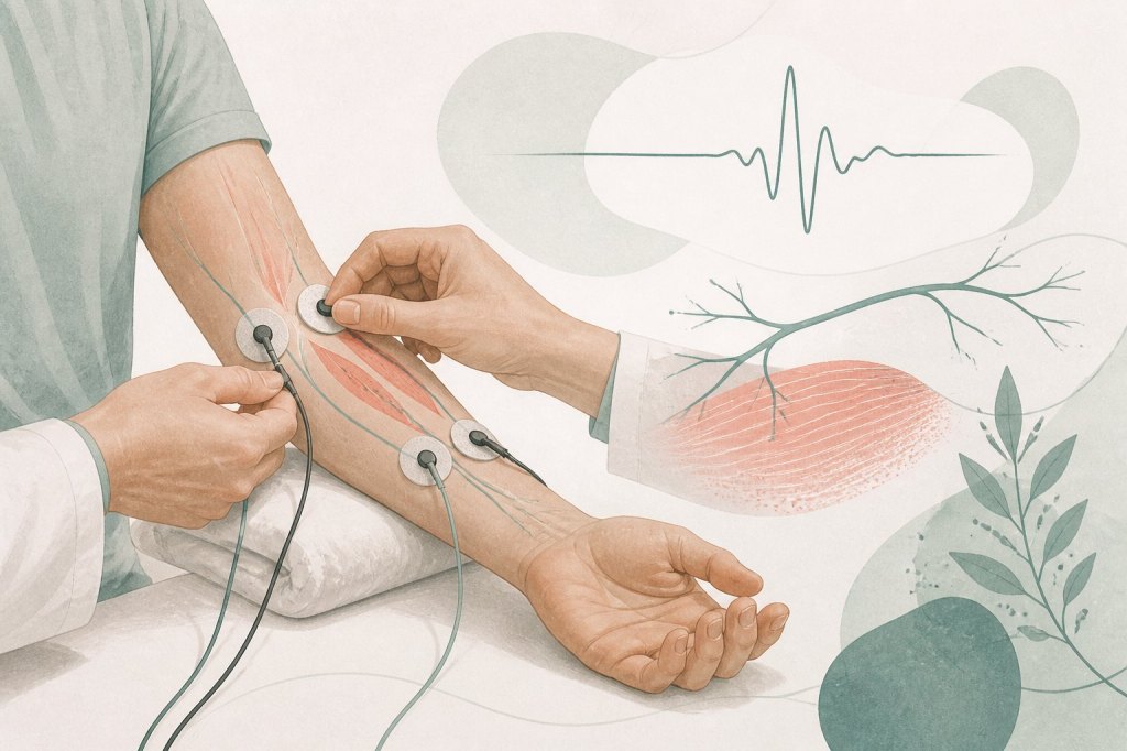 Profesional colocando electrodos de superficie en el antebrazo para un estudio de conducción nerviosa.