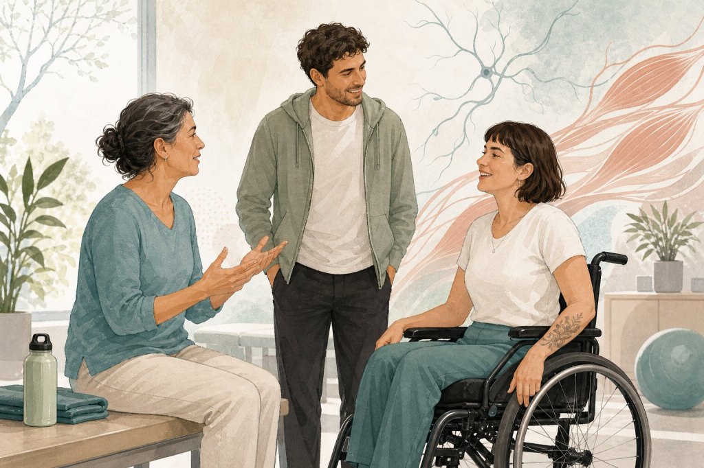 Tres personas adultas conversan en un entorno de rehabilitación; una utiliza silla de ruedas.
