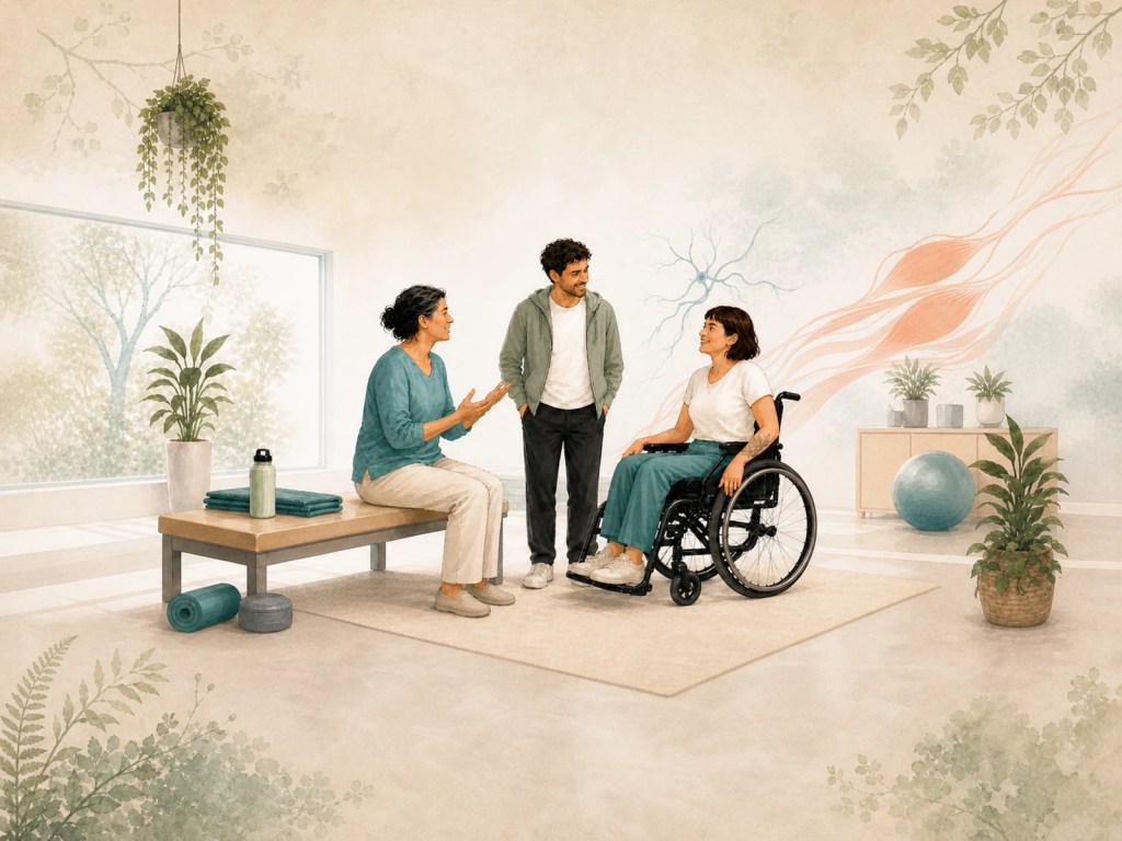 Tres personas conversan en un entorno de rehabilitación; una de ellas utiliza silla de ruedas.